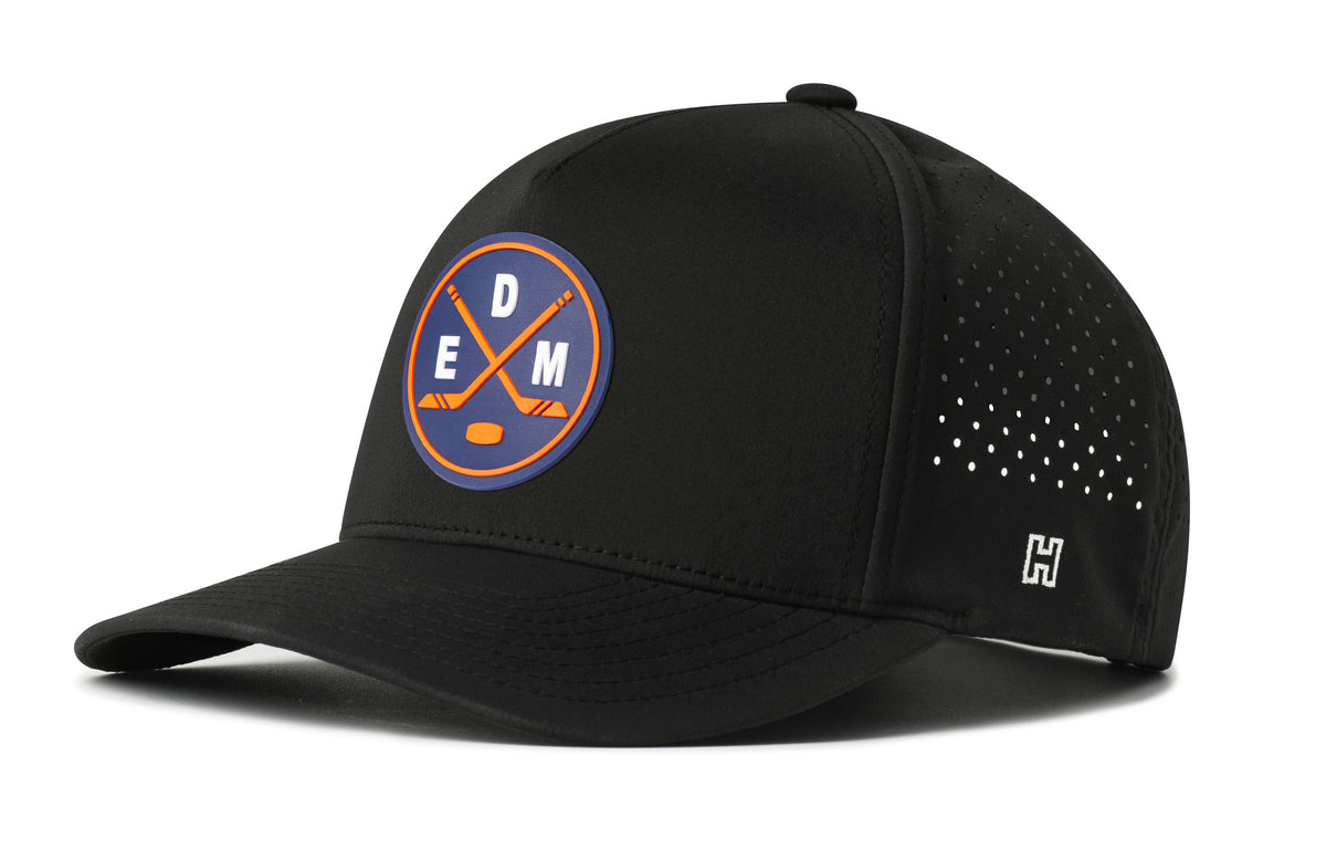 Edmonton Hockey Performance 5-Panel Hat, black snapback showing Haka brandmark on left side of cap.