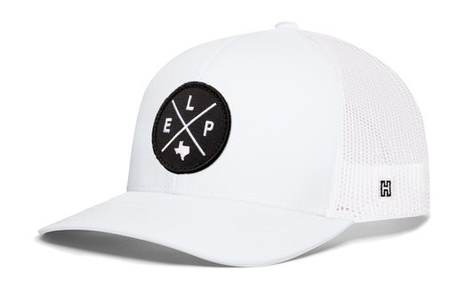 El Paso Trucker Hat, white snapback showing Haka brandmark on left side of cap.