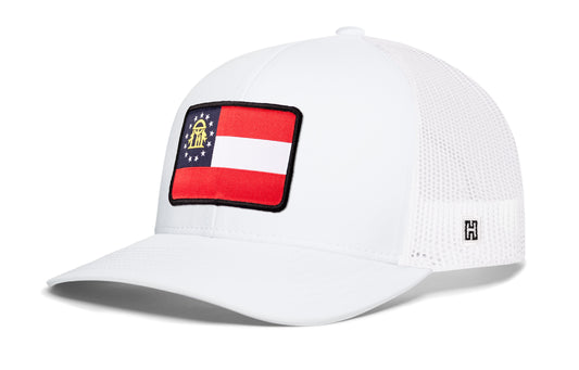Georgia Flag Trucker Hat, white snapback showing Haka brandmark on left side of cap.