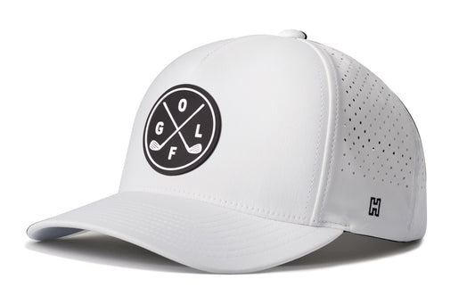 Golf X Performance 5-Panel Hat, white snapback showing Haka brandmark on left side of cap.
