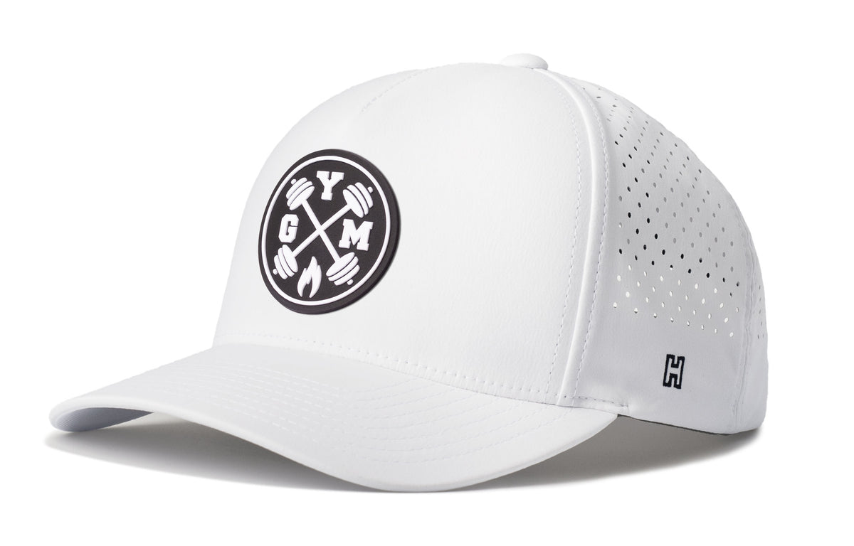 Gym Performance 5-Panel Hat, white snapback showing Haka brandmark on left side of cap.