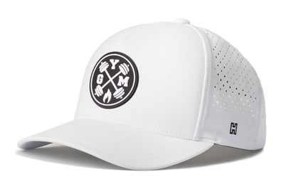 Gym Performance 5-Panel Hat, white snapback showing Haka brandmark on left side of cap.