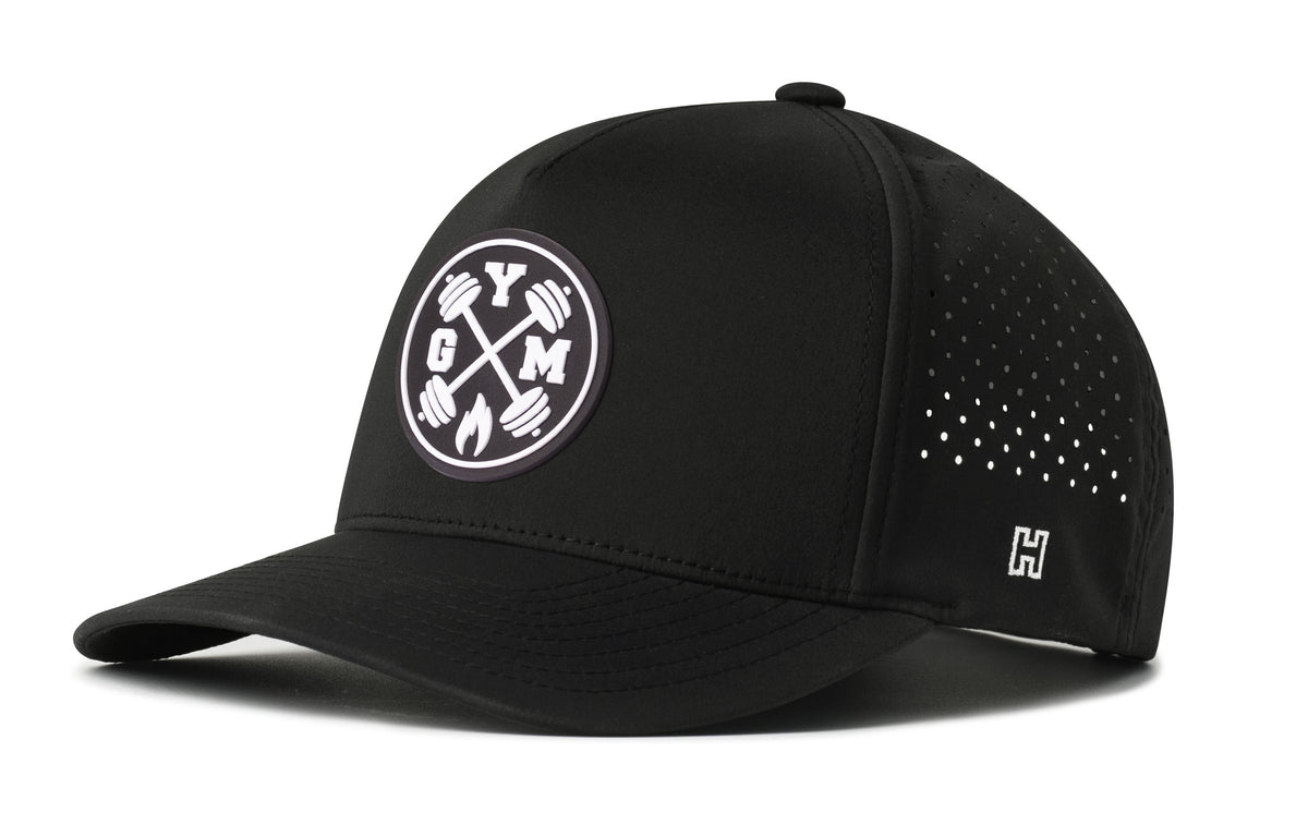 Gym Performance 5-Panel Hat, black snapback showing Haka brandmark on left side of cap.