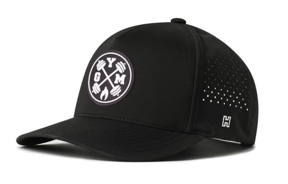 Gym Performance 5-Panel Hat, black snapback showing Haka brandmark on left side of cap.