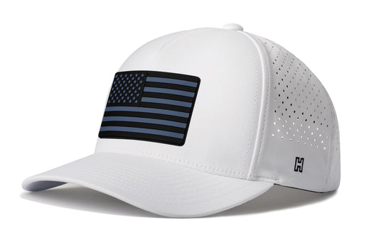 American Flag Performance 5-Panel Hat, white snapback showing Haka brandmark on left side of cap.