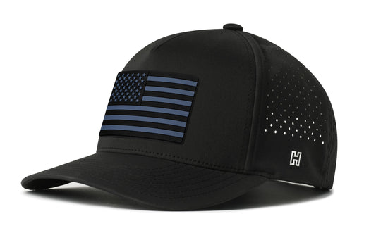 American Flag Performance 5-Panel Hat, black snapback showing Haka brandmark on left side of cap.