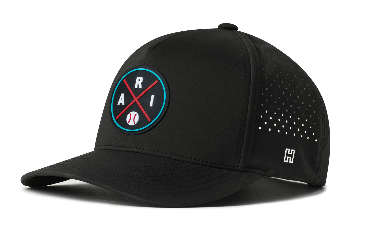 Arizona Baseball Performance 5-Panel Hat, black snapback showing Haka brandmark on left side of cap.
Arizona.