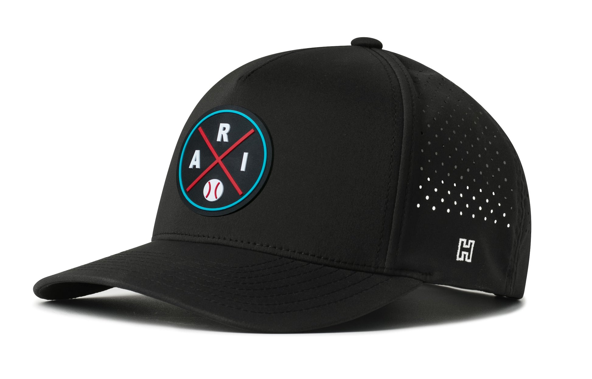 Arizona Baseball Performance 5-Panel Hat, black snapback showing Haka brandmark on left side of cap.
Arizona.