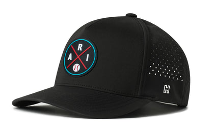 Arizona Baseball Performance 5-Panel Hat, black snapback showing Haka brandmark on left side of cap.
Arizona.