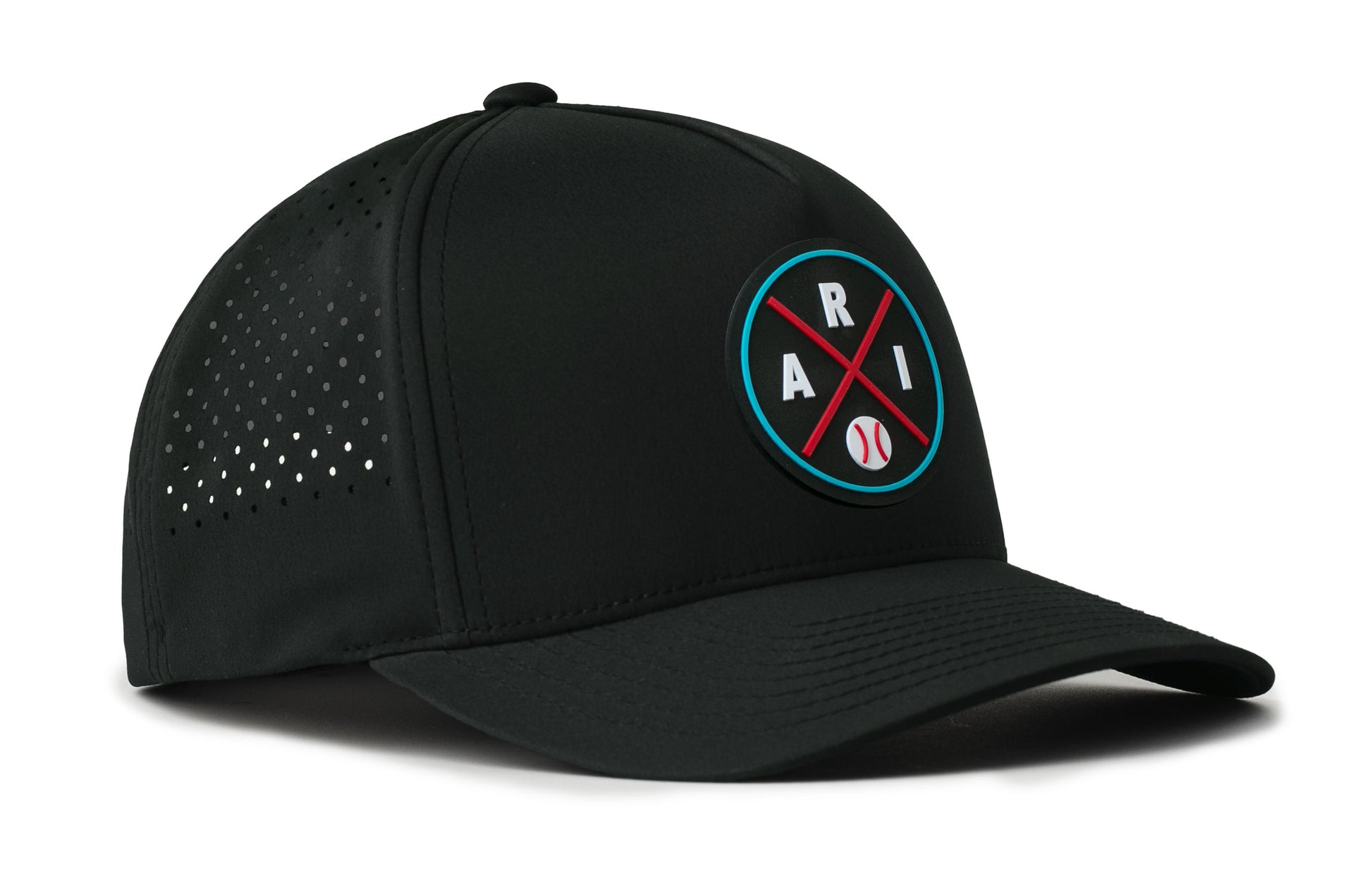 black performance 5-panel hat viewed from the right side, showcasing a bold red and blue pvc patch prominently displayed on the front
