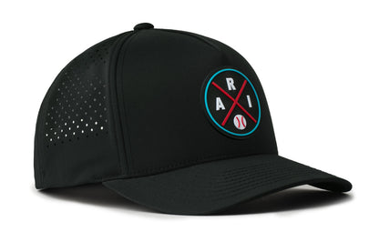 black performance 5-panel hat viewed from the right side, showcasing a bold red and blue pvc patch prominently displayed on the front