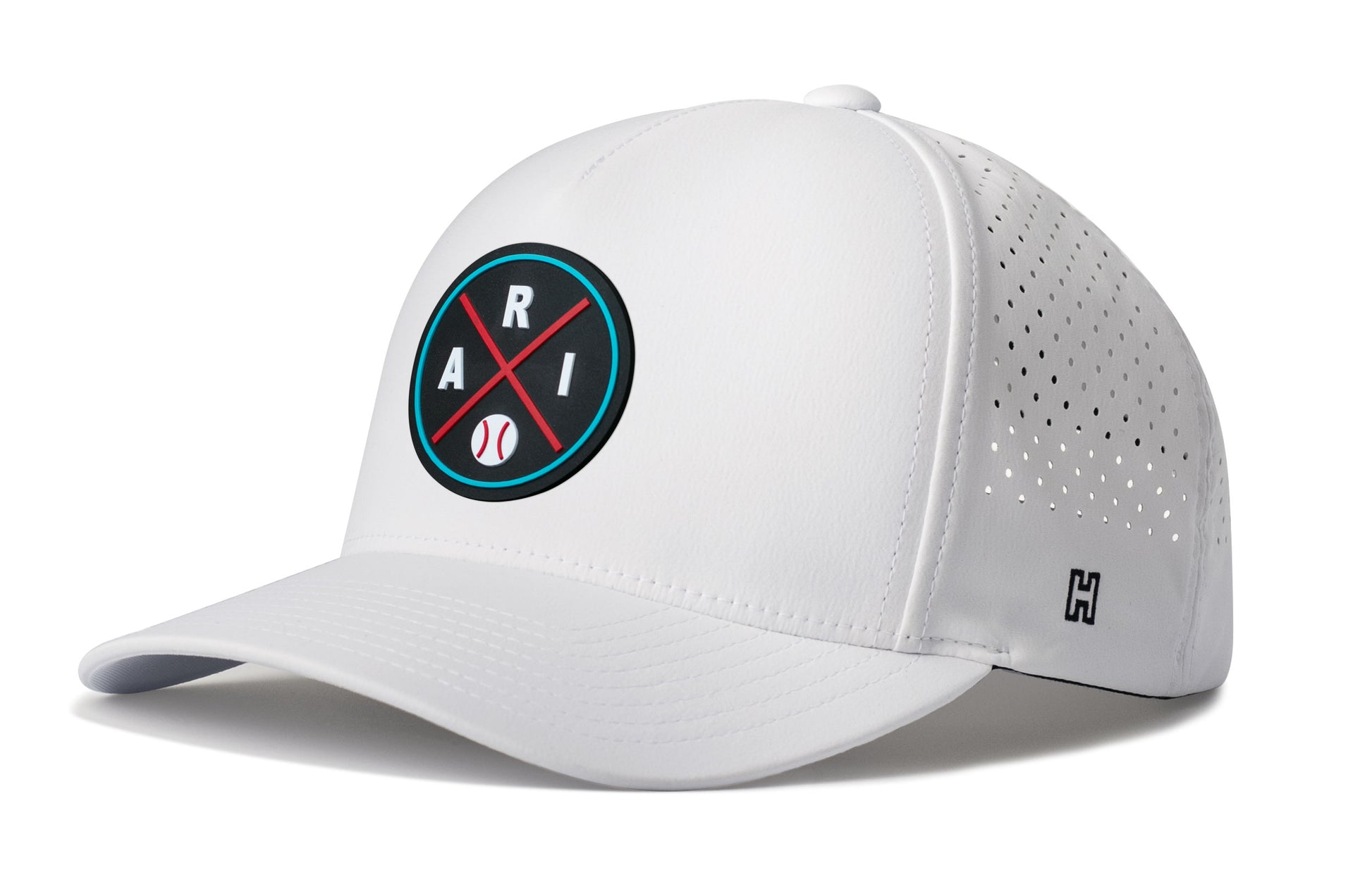 Arizona Baseball Performance 5-Panel Hat, white snapback showing Haka brandmark on left side of cap.
Arizona.