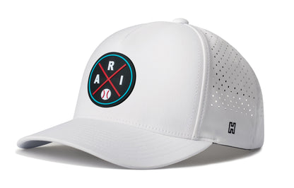 Arizona Baseball Performance 5-Panel Hat, white snapback showing Haka brandmark on left side of cap.
Arizona.
