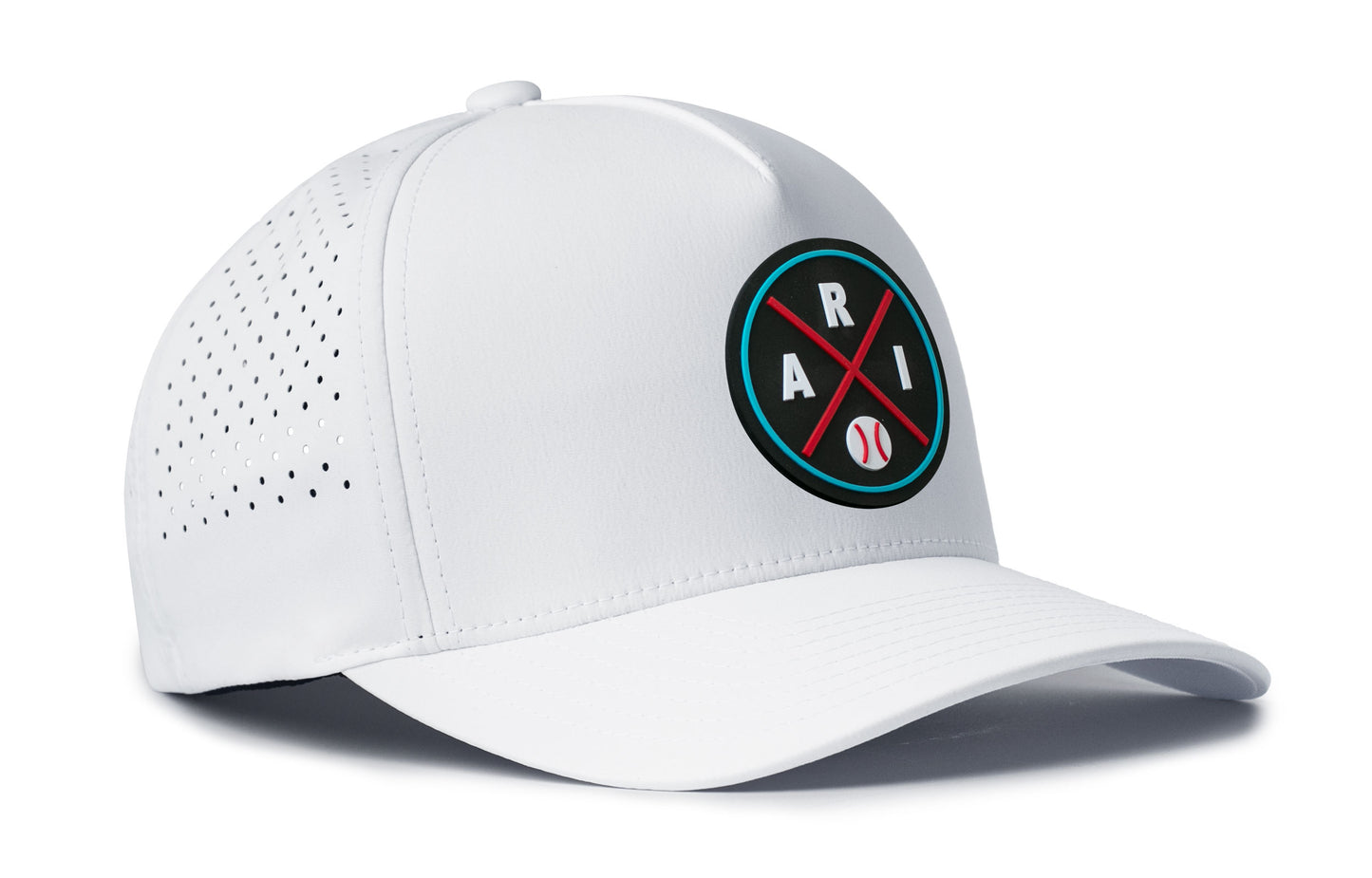 white performance 5-panel hat viewed from the right side, showcasing a bold red and blue pvc patch prominently displayed on the front