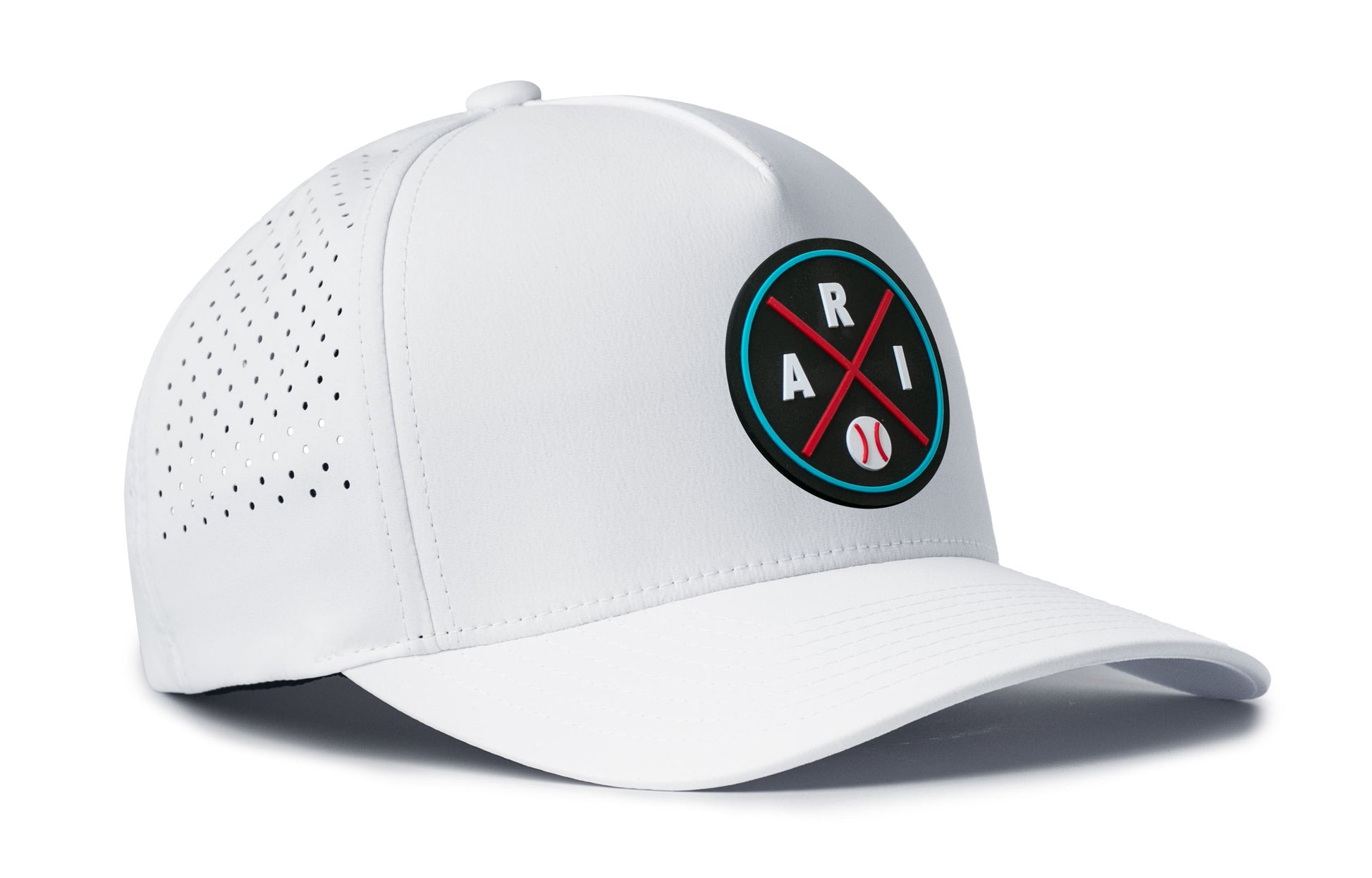 white performance 5-panel hat viewed from the right side, showcasing a bold red and blue pvc patch prominently displayed on the front