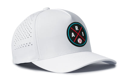 white performance 5-panel hat viewed from the right side, showcasing a bold red and blue pvc patch prominently displayed on the front
