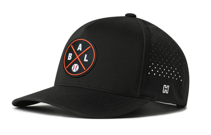 Baltimore Baseball Performance 5-Panel Hat, black snapback showing Haka brandmark on left side of cap.
Baltimore.