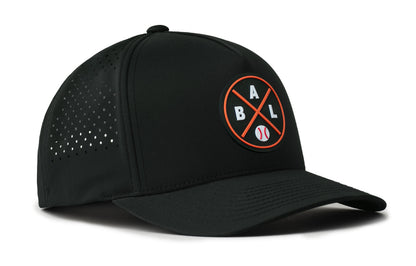 black performance 5-panel hat viewed from the right side, showcasing a bold black and orange pvc patch prominently displayed on the front