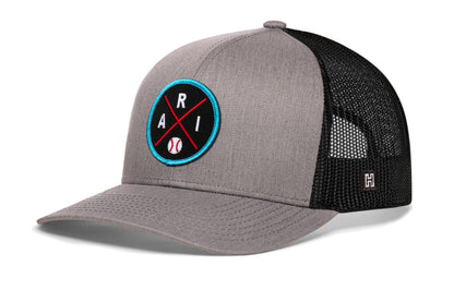 Arizona trucker hat, gray-black snapback showing Haka brandmark on left side mesh.
Rep Arizona.