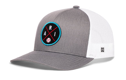 Arizona trucker hat, gray-white snapback showing Haka brandmark on left side mesh.
Rep Arizona.