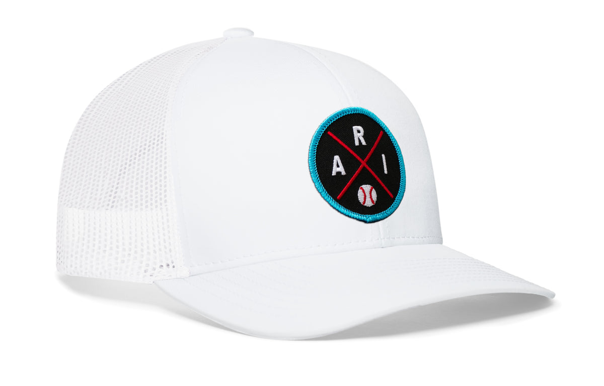 Arizona Baseball Trucker Hat, gray-white snapback showing Haka brandmark on left side of cap.