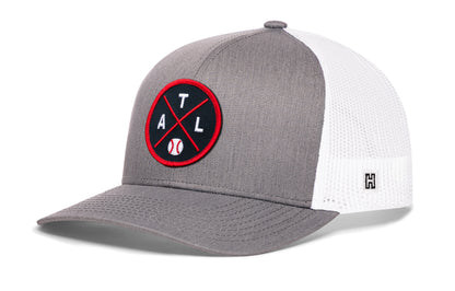 Atlanta trucker hat, gray-white snapback showing Haka brandmark on left side mesh.
Rep Atlanta, GA.