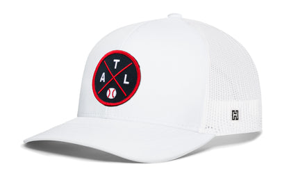 Atlanta trucker hat, white snapback showing Haka brandmark on left side mesh of cap.
Rep Atlanta, GA.