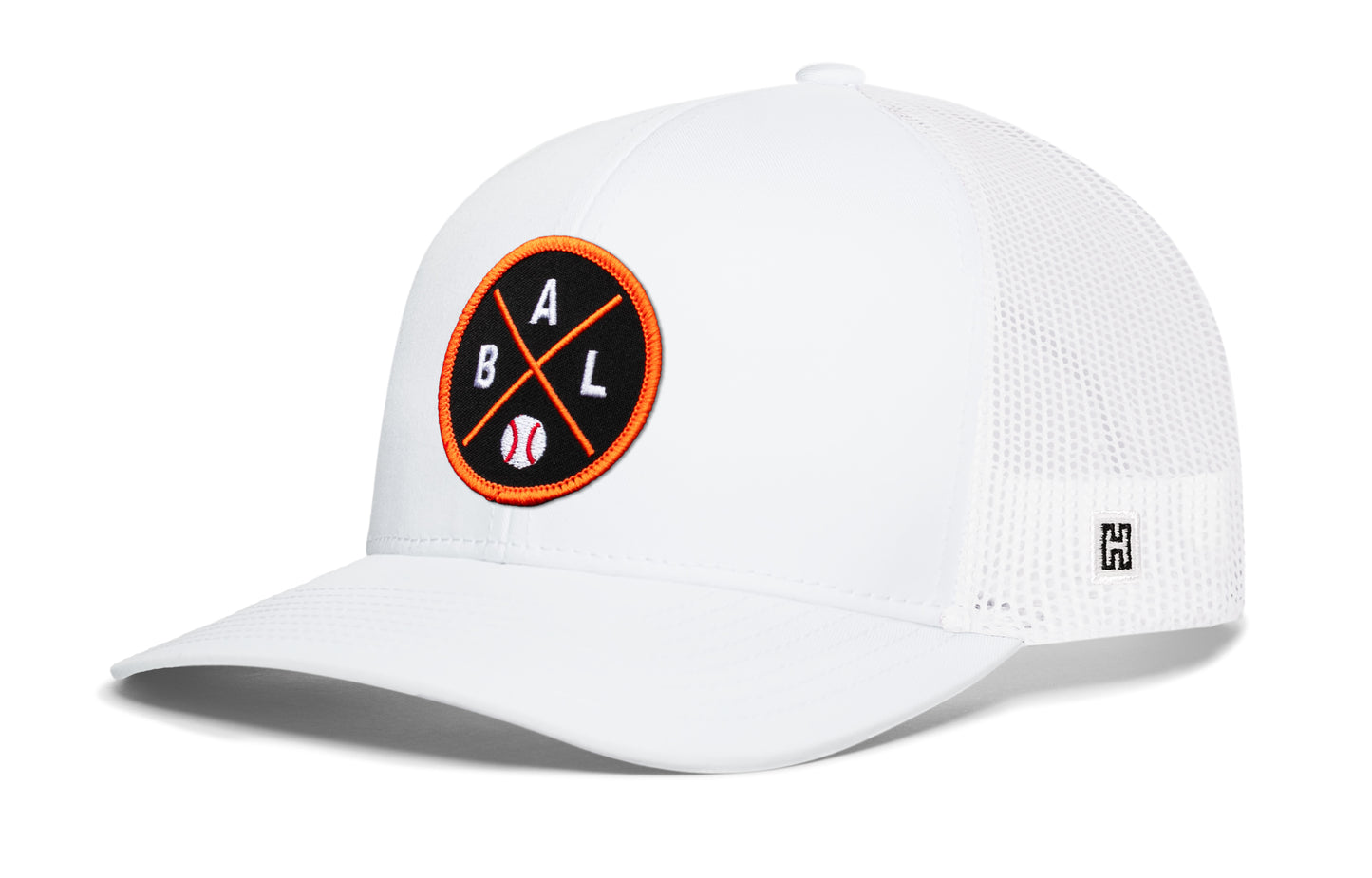 Baltimore trucker hat, white snapback showing Haka brandmark on left side mesh of cap.
Rep Baltimore, MD.
