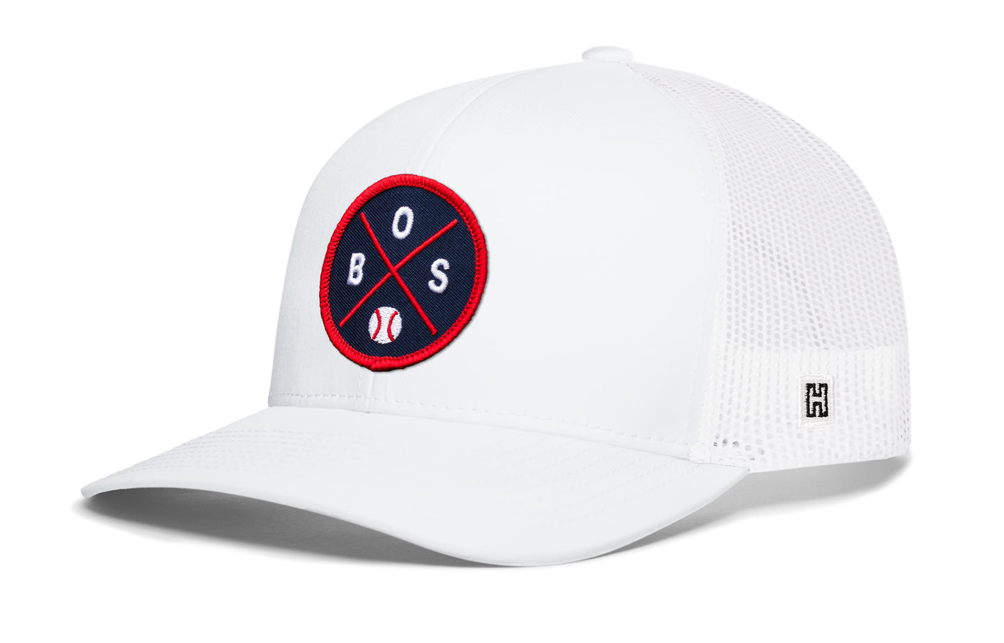 Boston trucker hat, white snapback showing Haka brandmark on left side mesh of cap.
Rep Boston, MA.