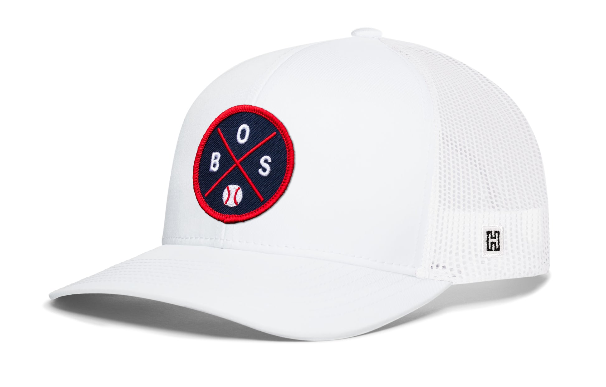 Boston trucker hat, white snapback showing Haka brandmark on left side mesh of cap.
Rep Boston, MA.