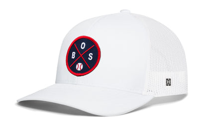 Boston trucker hat, white snapback showing Haka brandmark on left side mesh of cap.
Rep Boston, MA.