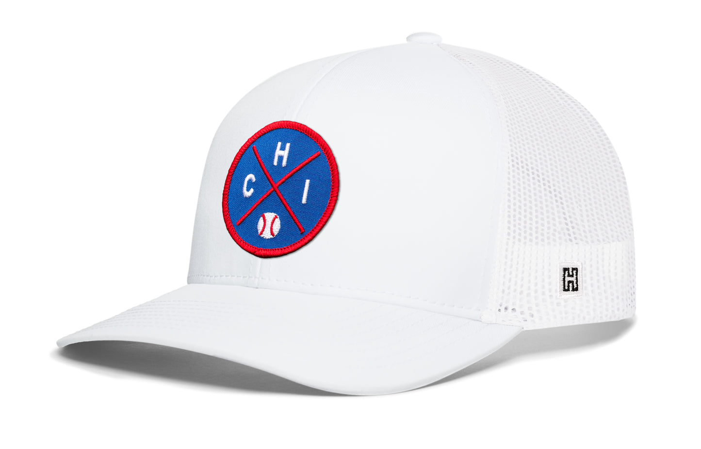 Chicago trucker hat, white snapback showing Haka brandmark on left side mesh of cap.
Rep Chicago, IL.