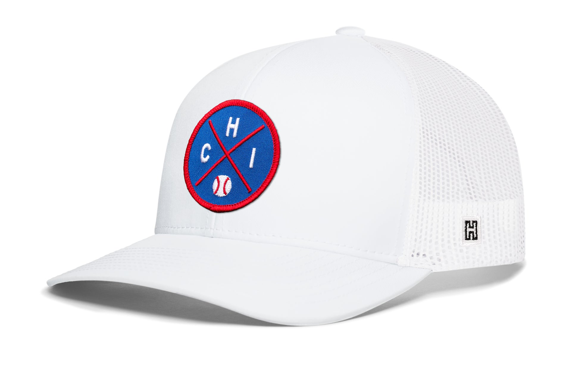 Chicago trucker hat, white snapback showing Haka brandmark on left side mesh of cap.
Rep Chicago, IL.