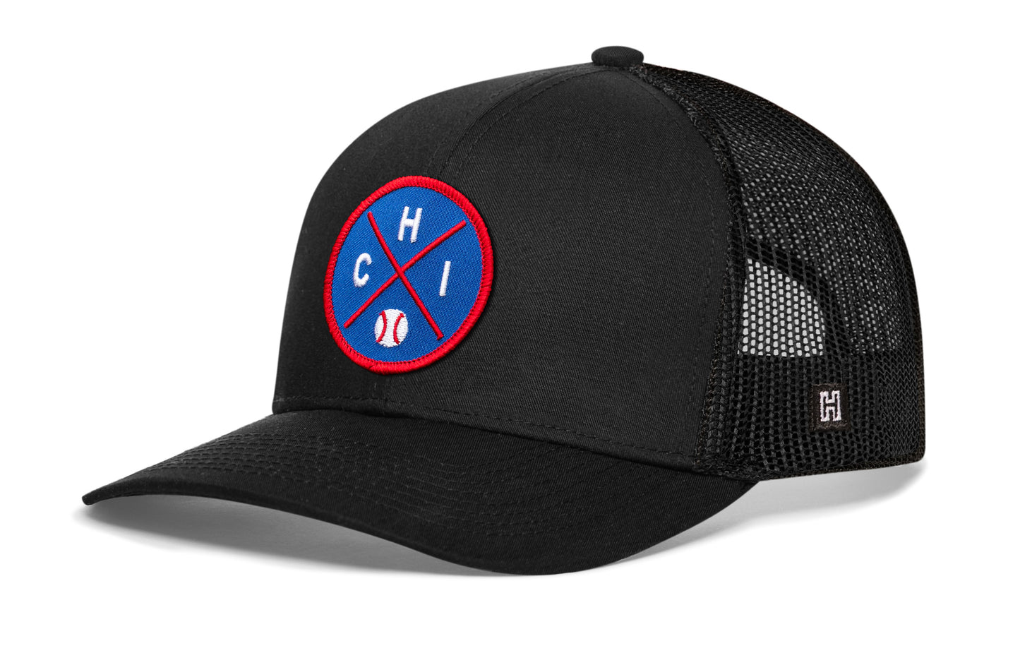 Chicago trucker hat, black snapback showing Haka brandmark on left side mesh of cap.
Rep Chicago, IL.