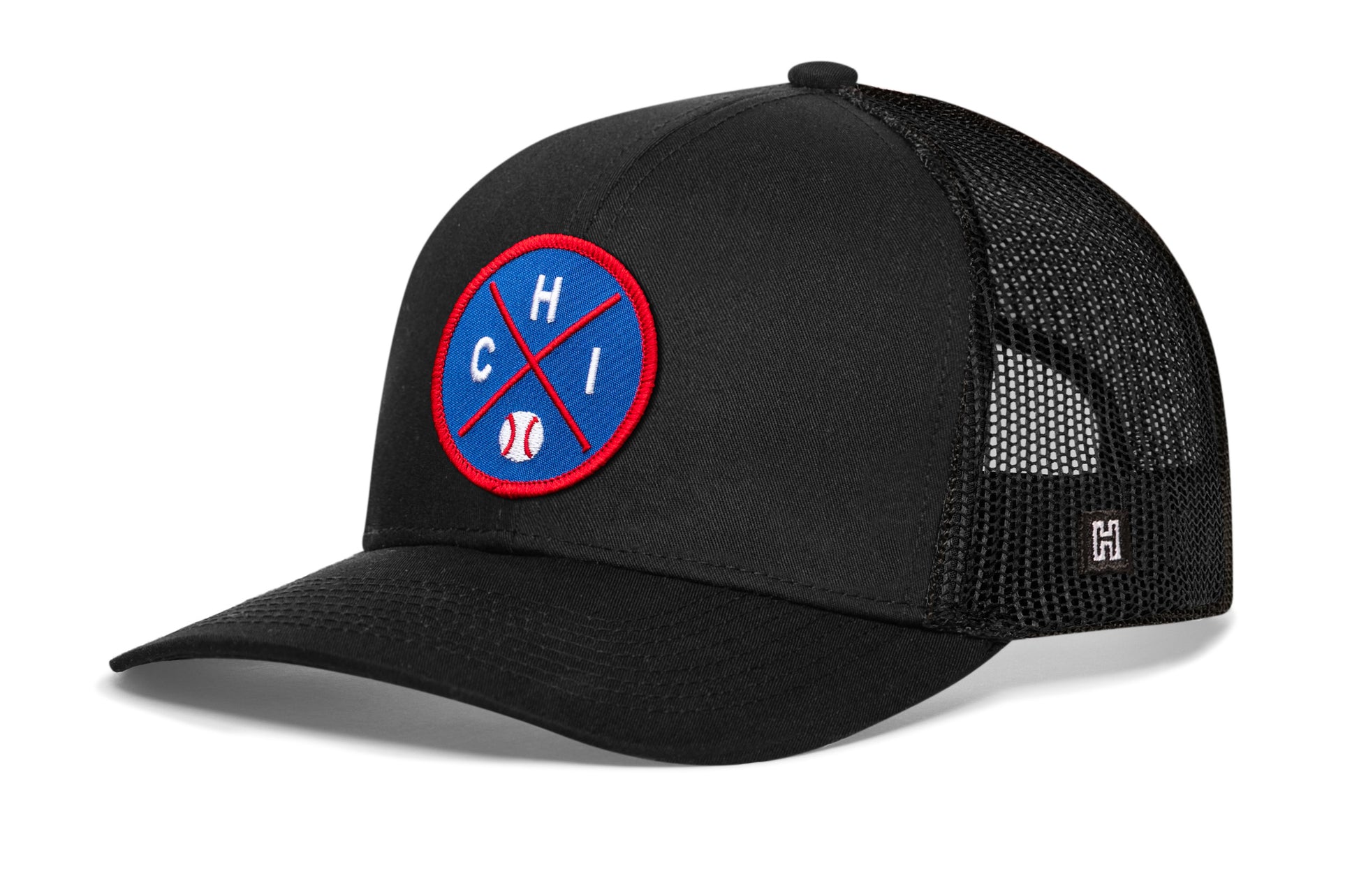 Chicago trucker hat, black snapback showing Haka brandmark on left side mesh of cap.
Rep Chicago, IL.