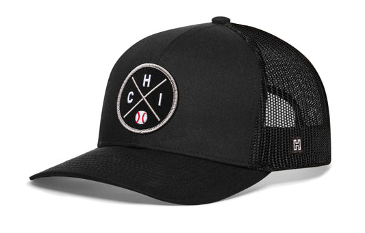 Chicago trucker hat, black snapback showing Haka brandmark on left side mesh of cap.
Rep Chicago, IL.