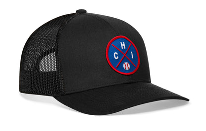 black trucker hat viewed from the right side, showcasing a royal and red baseball embroidered X patch prominently displayed on the front