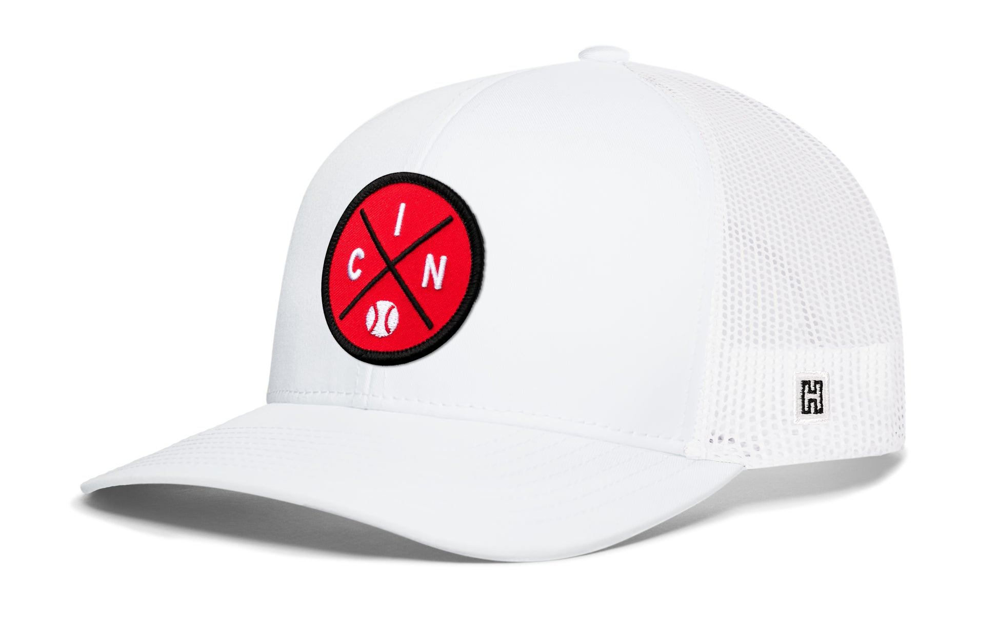 Cincinnati trucker hat, white snapback showing Haka brandmark on left side mesh of cap.
Rep Cincinnati, OH.