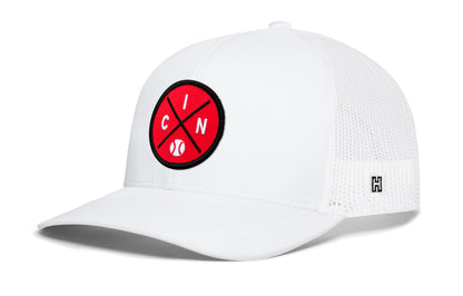 Cincinnati trucker hat, white snapback showing Haka brandmark on left side mesh of cap.
Rep Cincinnati, OH.