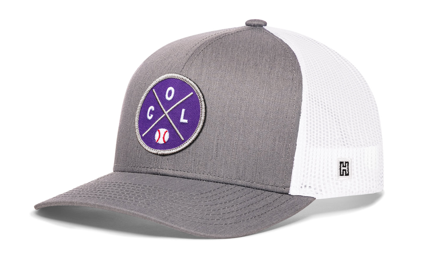 Colorado trucker hat, gray-white snapback showing Haka brandmark on left side mesh.
Rep Colorado.