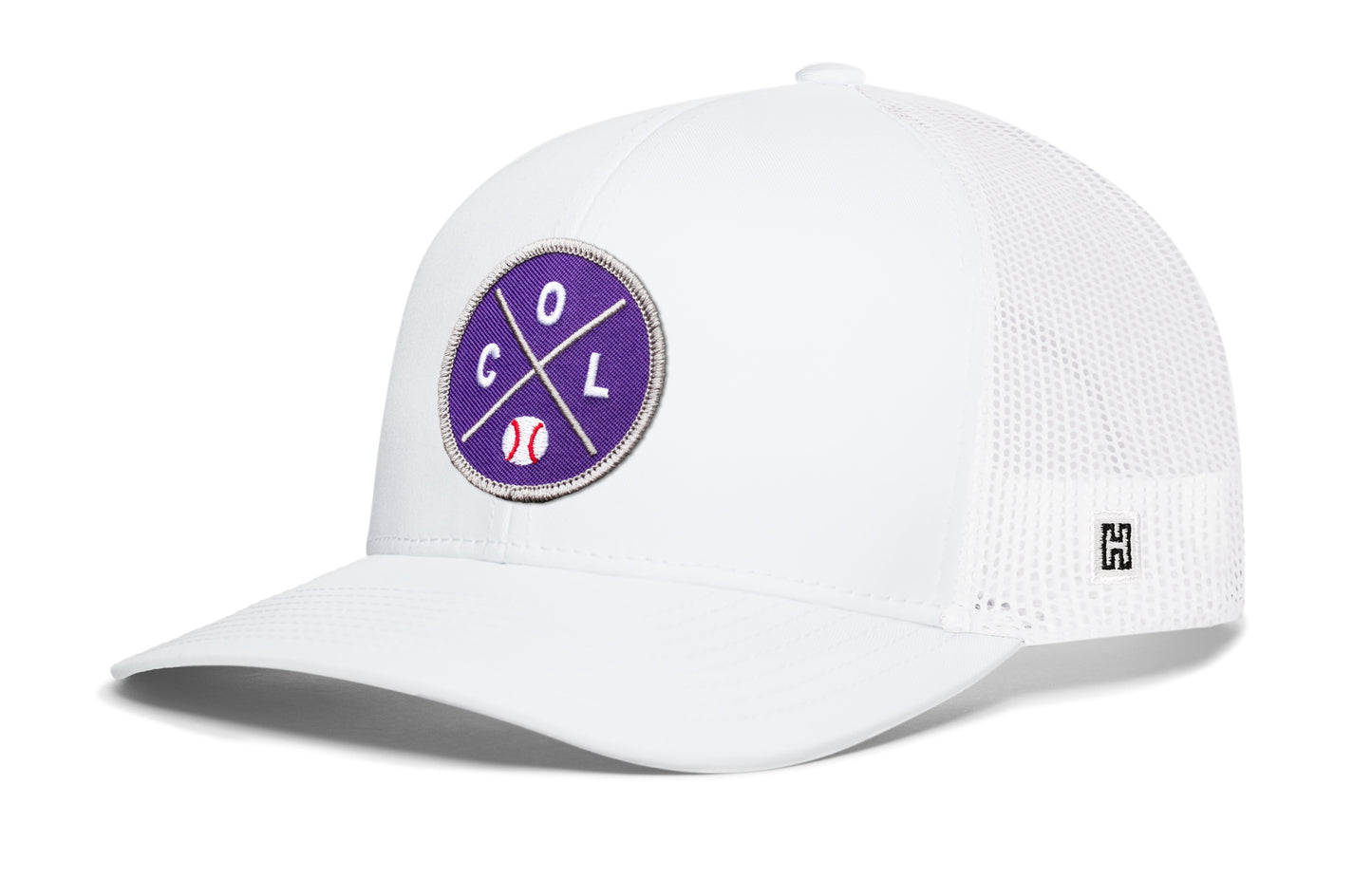 Colorado trucker hat, white snapback showing Haka brandmark on left side mesh of cap.
Rep Colorado.