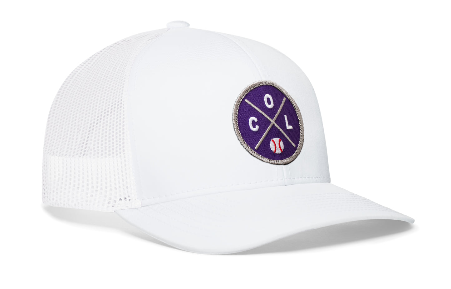 white trucker hat viewed from the right side, showcasing a purple and gray baseball embroidered X patch prominently displayed on the front