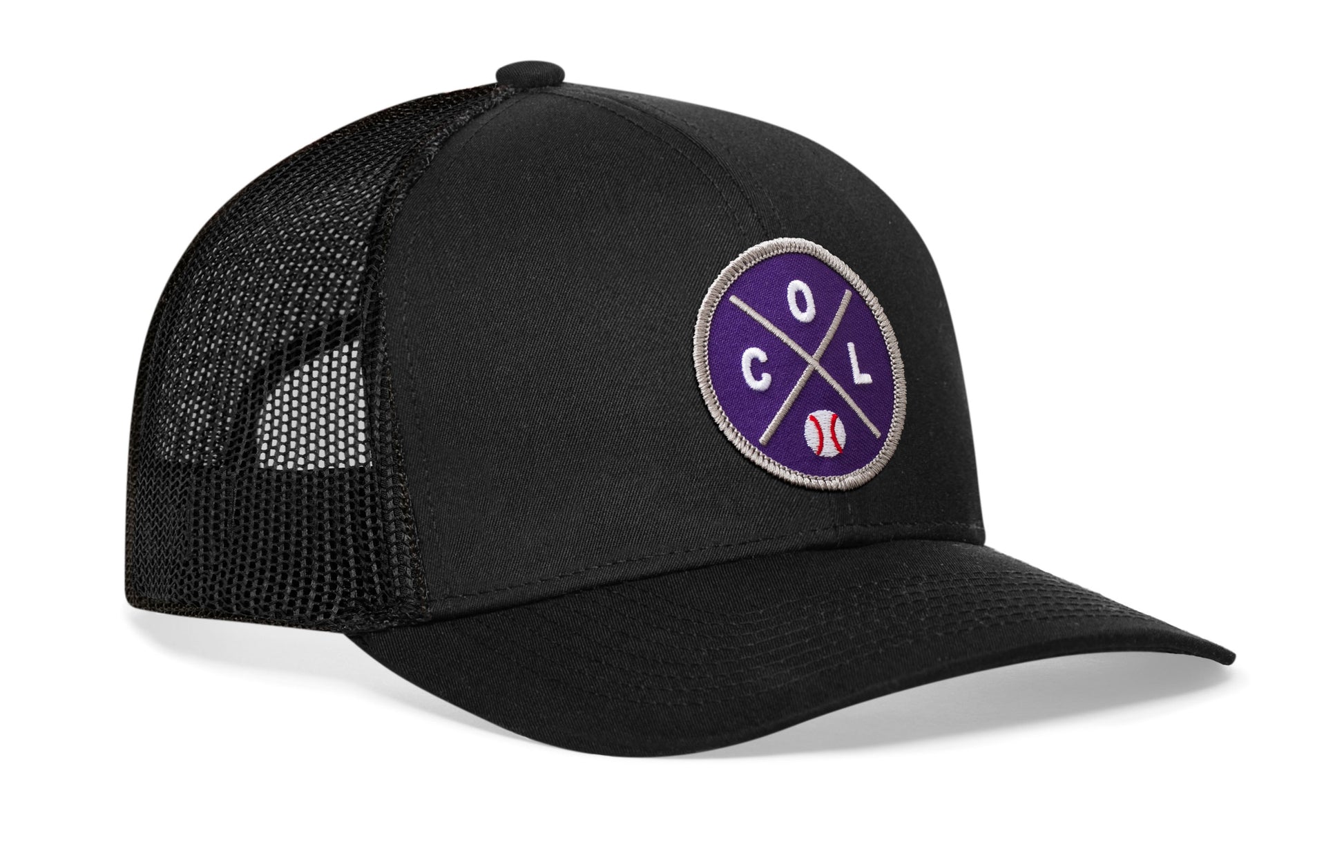 black trucker hat viewed from the right side, showcasing a purple and gray baseball embroidered X patch prominently displayed on the front