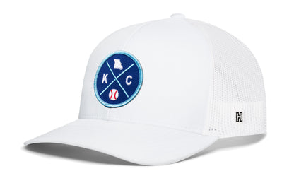 Kansas City trucker hat, white snapback showing Haka brandmark on left side mesh of cap.
Rep Kansas City, MO.