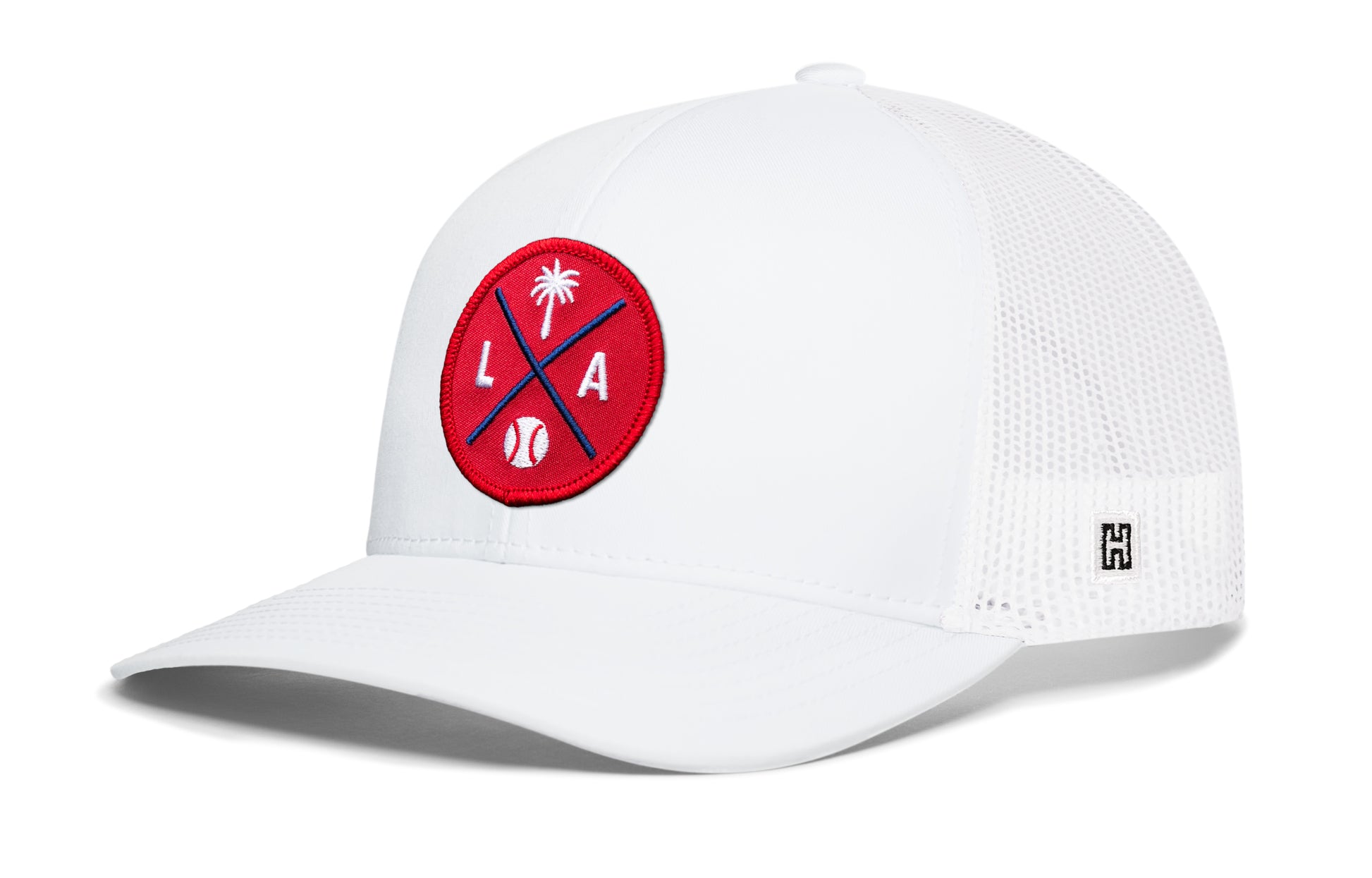 Los Angeles trucker hat, white snapback showing Haka brandmark on left side mesh of cap.
Rep Los Angeles, CA.