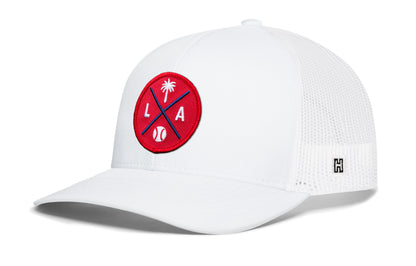 Los Angeles trucker hat, white snapback showing Haka brandmark on left side mesh of cap.
Rep Los Angeles, CA.