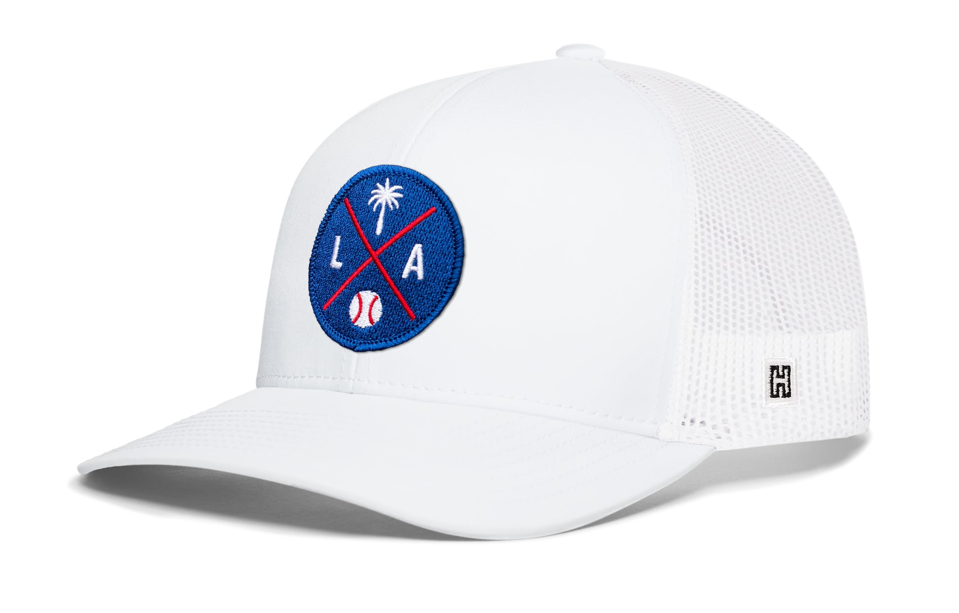 Los Angeles trucker hat, white snapback showing Haka brandmark on left side mesh of cap.
Rep Los Angeles, CA.