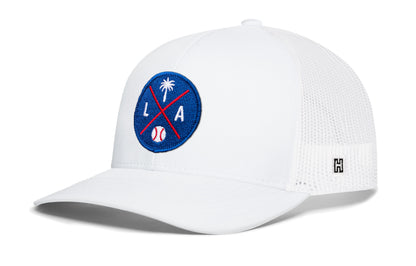 Los Angeles trucker hat, white snapback showing Haka brandmark on left side mesh of cap.
Rep Los Angeles, CA.