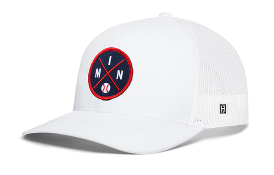 Minnesota Baseball Trucker Hat, white snapback showing Haka brandmark on left side of cap.