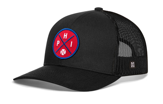 Philadelphia Baseball Trucker Hat, black snapback showing Haka brandmark on left side of cap.